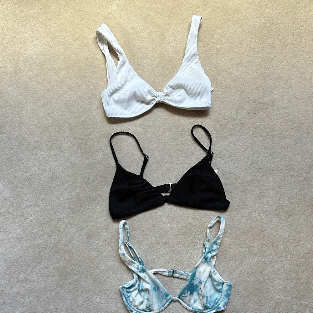 Set of Three bikini tops- White, Black, and Tie-Dye